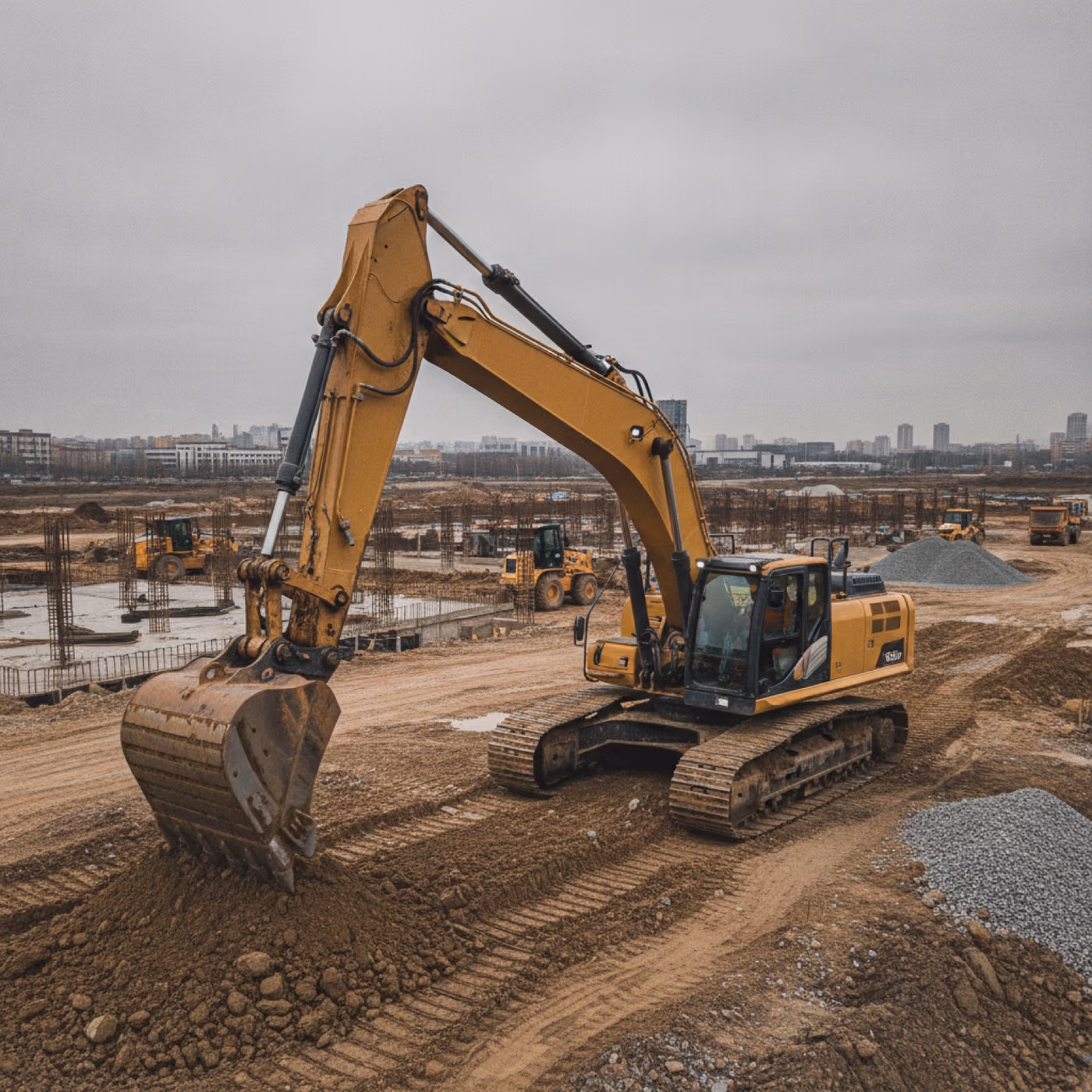 Hydraulikbagger auf einer Baustelle – Begutachtung durch den Sachverständigen