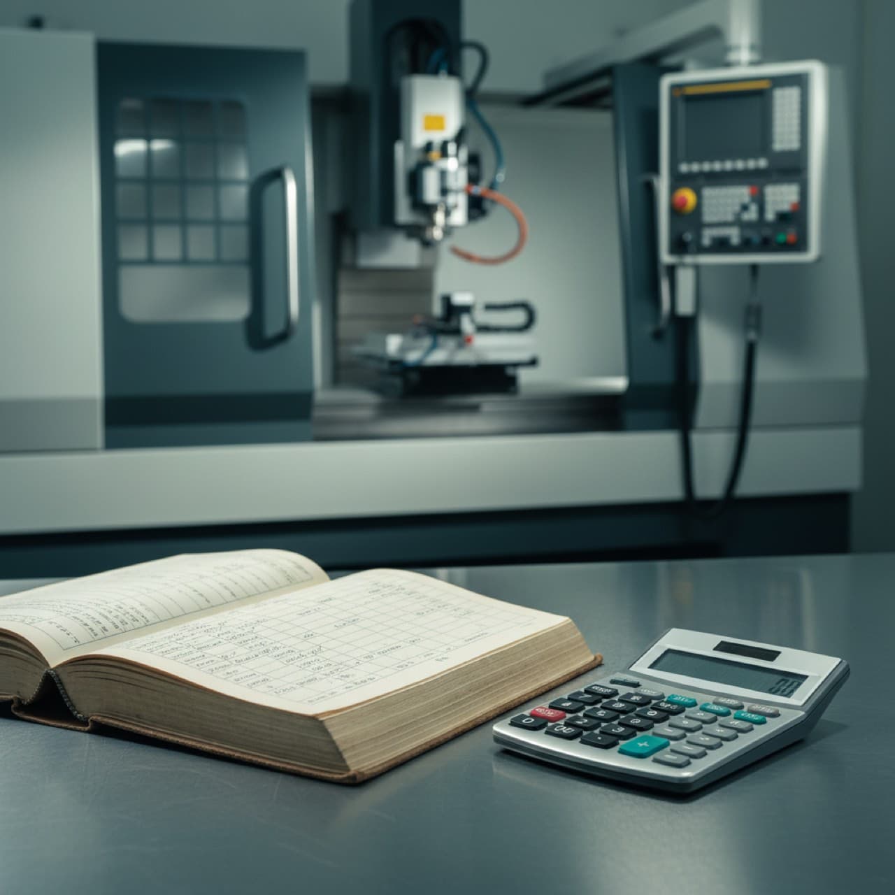 Anlagenbuchhaltung und Taschenrechner vor einer Maschine