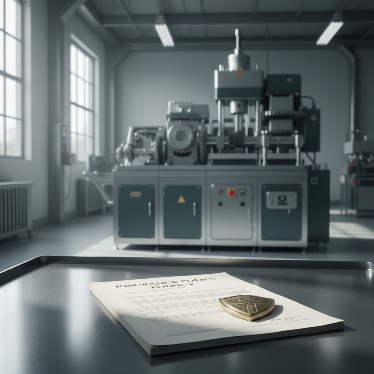 Industriemaschine mit Versicherungspolice und Schutz-Emblem